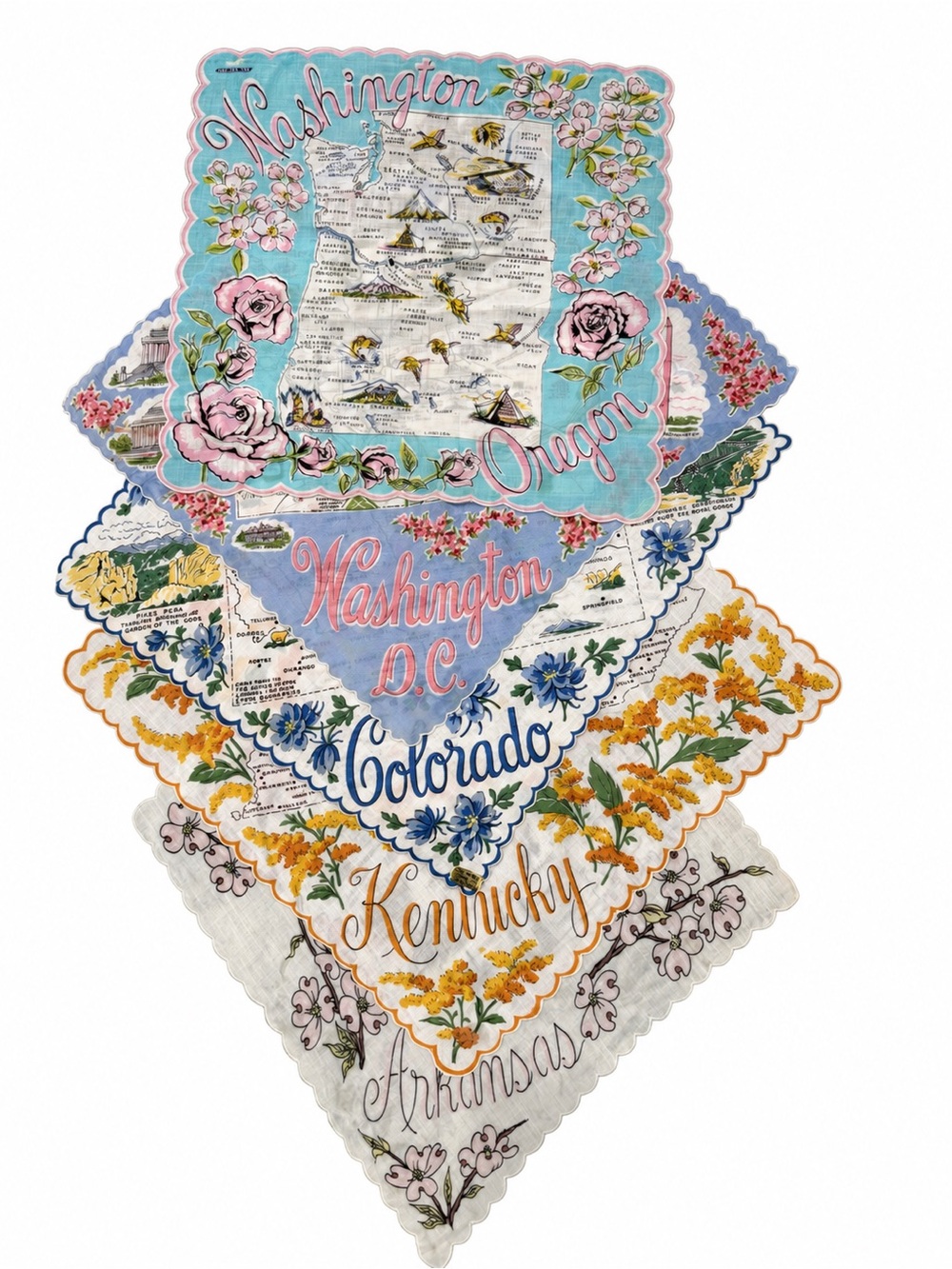 Vintage State Souvenir Handkerchief Lot of 6 | Maps & Florals